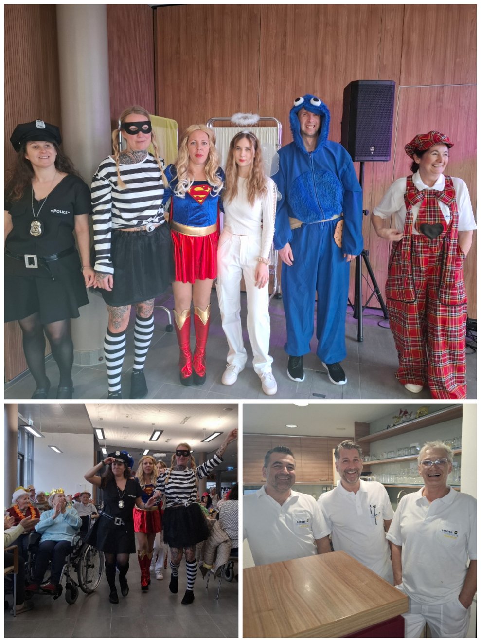 Besonders buntgemischt zeigt sich das Küchenteam: Von Häftling über Superwoman bis Krümelmonster. Die drei Herrschaften in weiß (bestens gelaunt, aber eher von der "Faschingsmuffel-Seite") sind heute laut eigener Aussage als Masseure unterwegs.