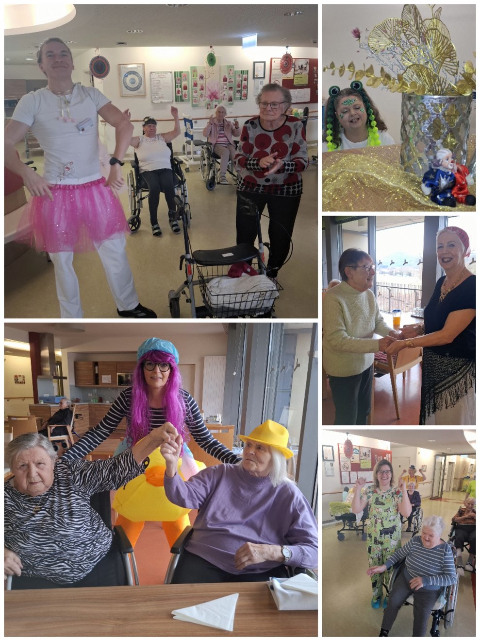 Unsere Managerin für Ehrenamt und Alltagsbegleitung Esther Ziegler (Die lila Perücke steht ihr doch ausgezeichnet, finden Sie nicht?) hält recht viel auf Morgensport und auf das "Gute Laune Lied"...